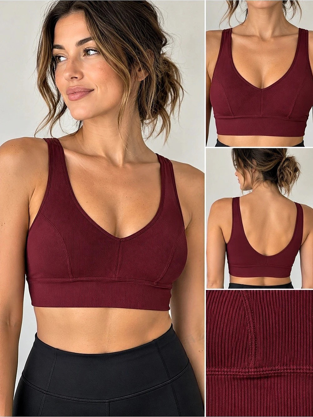 Ardene | Ribbed | Active Seamless Cropped Brami Top | Burgundy | Size M